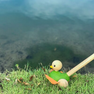 Plan Toys Wooden Push Along Duck Toy, Multicolored (PTS5626)