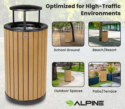 Alpine Industries Steel Outdoor Trash Can with Rain Bonnet Lid, 32 Gallon, Cedar (ALP4400-01-CD-RB)