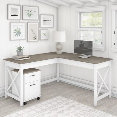 Bush Furniture Key West 60 L-Shaped Desk with Two-Drawer Mobile File Cabinet, Shiplap Gray/Pure Whi