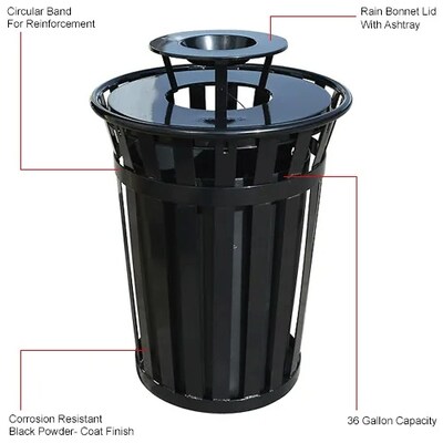 Global Industrial Outdoor Slatted Steel Trash Can w/ Ashtray Lid, 36 Gallon, Black (641632BK)