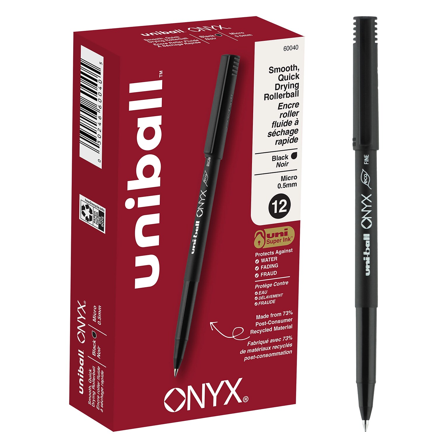 uni-ball Onyx Rollerball Pens, Micro Point, 0.5mm, Black Ink, Dozen (60040)