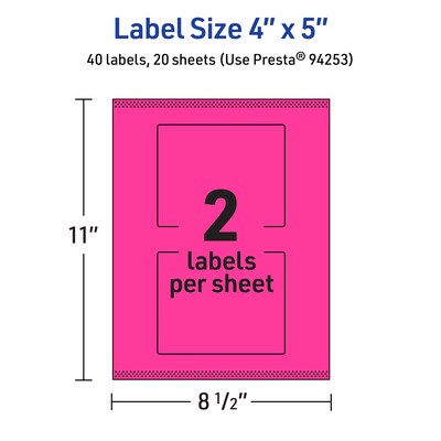 Avery Laser/Inkjet Rectangle Multipurpose Labels, 4" x 5", Neon Magenta, 40/Pack (94253)