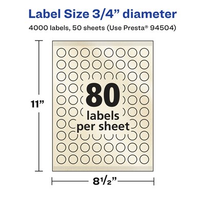 Avery Laser/Inkjet Round Multipurpose Labels, 0.75" Dia., Ivory, 4,000 Labels/Box (94504)