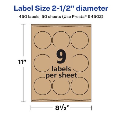 Avery Laser/Inkjet Round Multipurpose Labels, 2.5" Dia., Kraft Brown, 9 Labels/Sheet, 50 Sheets/Pack (94502-KMP50)
