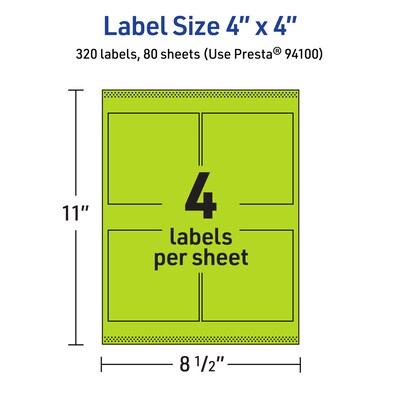 Avery Laser/Inkjet Multipurpose Square Labels, 4" x 4", Bright Green, 320/Box (94100)