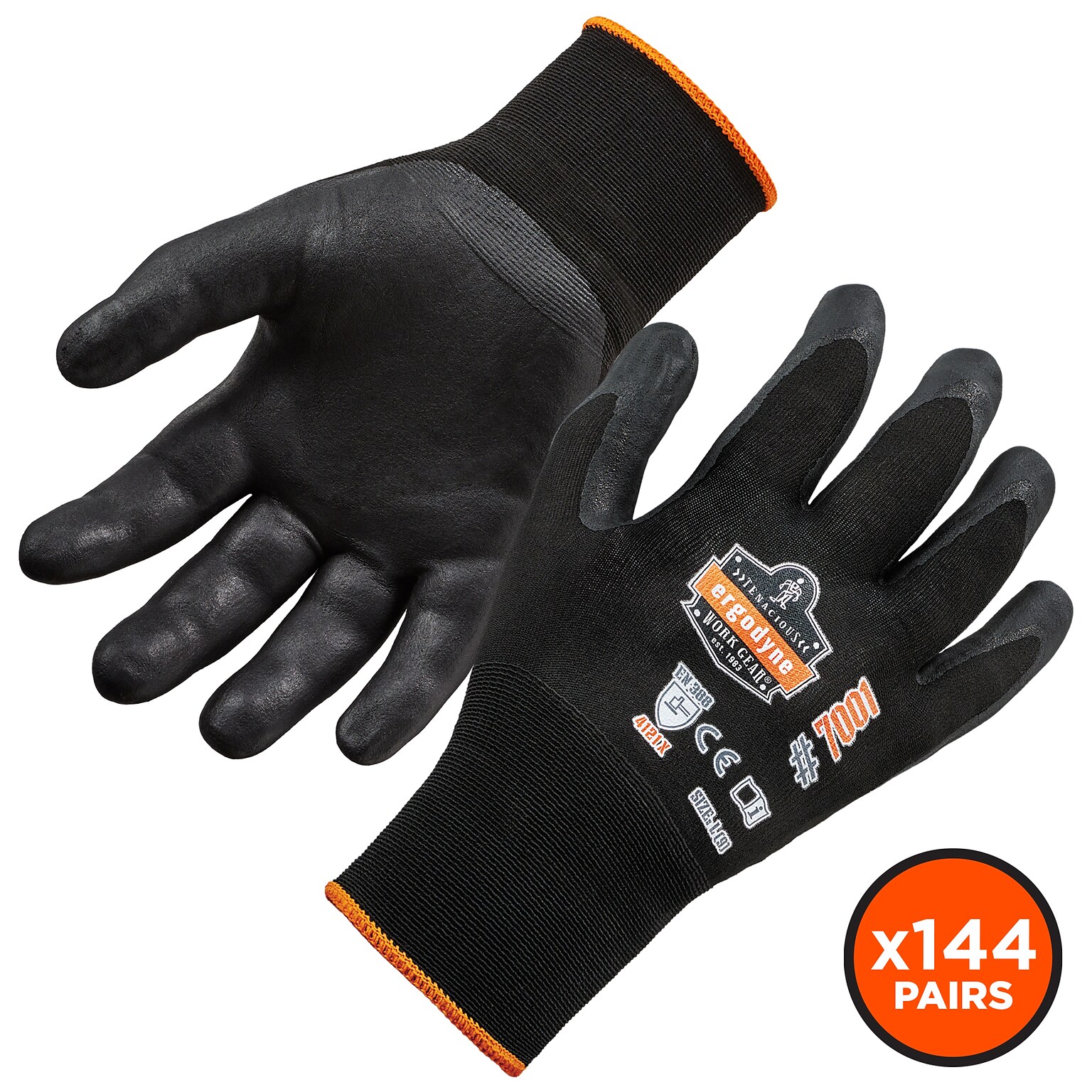 Ergodyne ProFlex 7001 Nitrile Coated Gloves, ANSI Level 3 Abrasion Resistance, Black, Large, 144 Pairs (17854)