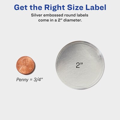 Avery Easy Peel Inkjet Embossed Foil Round Labels, 2" Dia, Silver, 96 Labels/Pack (22824)