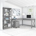 Bush Furniture Key West 60W L Shaped Desk with 2 Drawer Mobile File Cabinet and 5 Shelf Bookcase, C