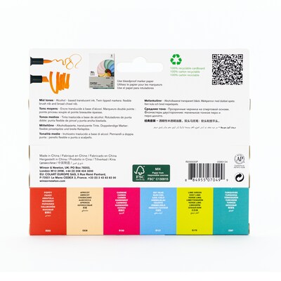 Winsor & Newton Promarker Dual-Tip Brush Alcohol Based Marker, Mid Tones, 6/Pack (WNX0290124)