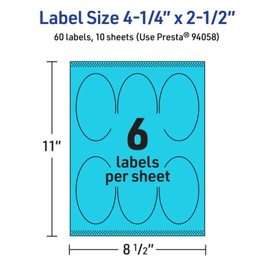 Avery Printable Oval Multipurpose Labels, 4.25" x 2.5", Bright Blue, 60/Pack (94058)