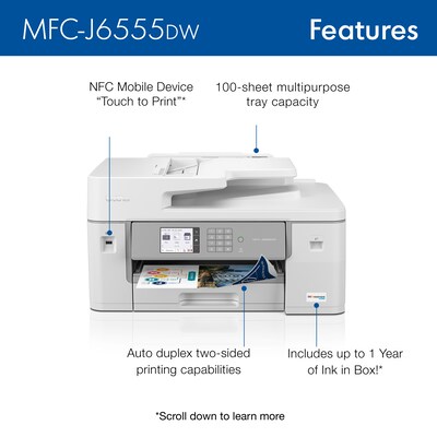 Brother INKvestment Tank MFC-J6555DW Wireless Color Inkjet Printer, All-In-One Supertank, Print, Scan, Copy, Fax