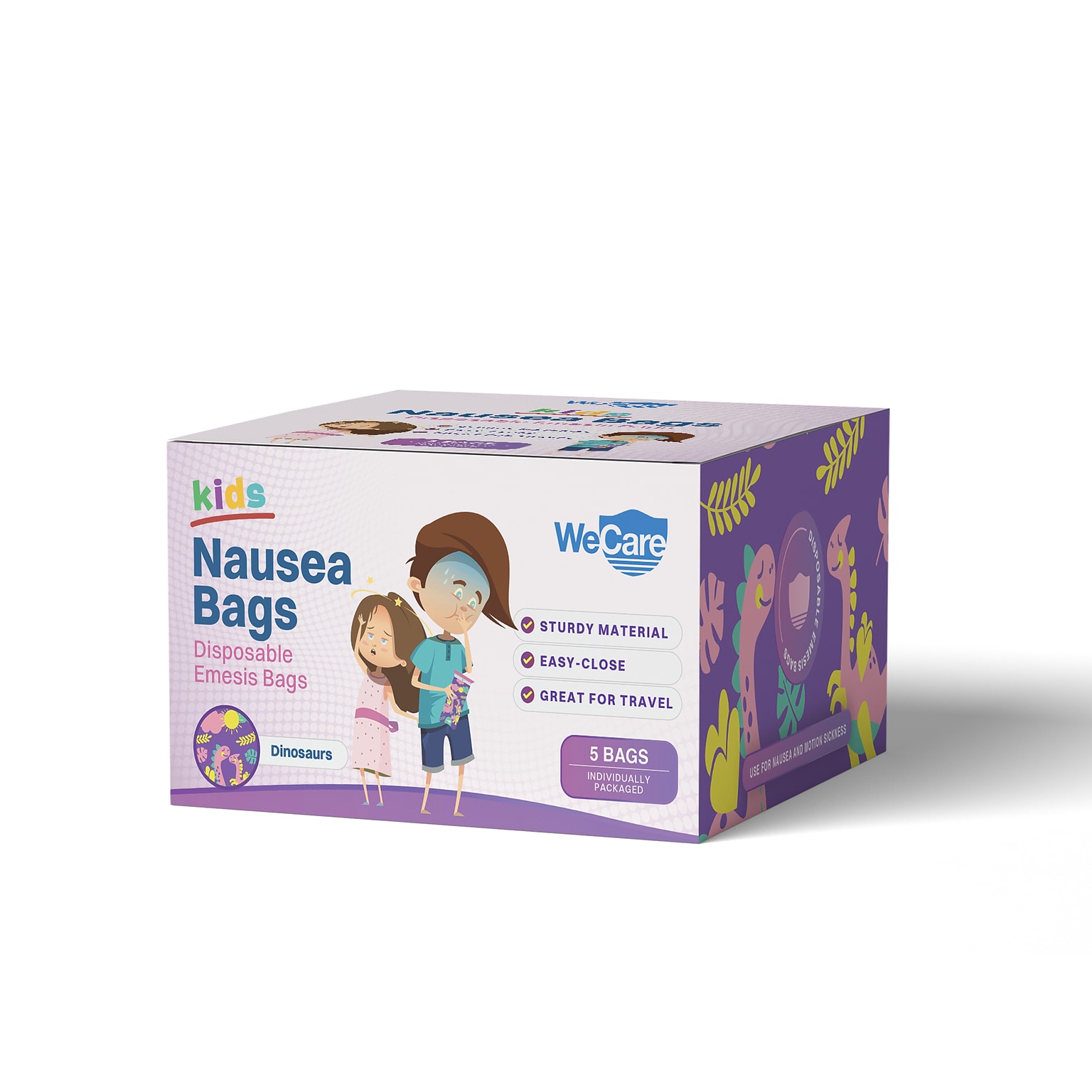 WeCare Dinosaurs Kids Disposable Emesis Bag for Nausea and Motion Sickness, Multicolor (WC-EMES-D-5)