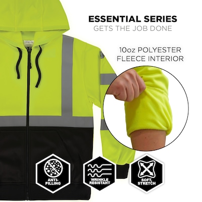 GloWear 8312BK High Visibility Long Sleeve Black Bottom Hooded Zip-Up Sweatshirt, ANSI Type R Class 3, Lime, Medium (22933)