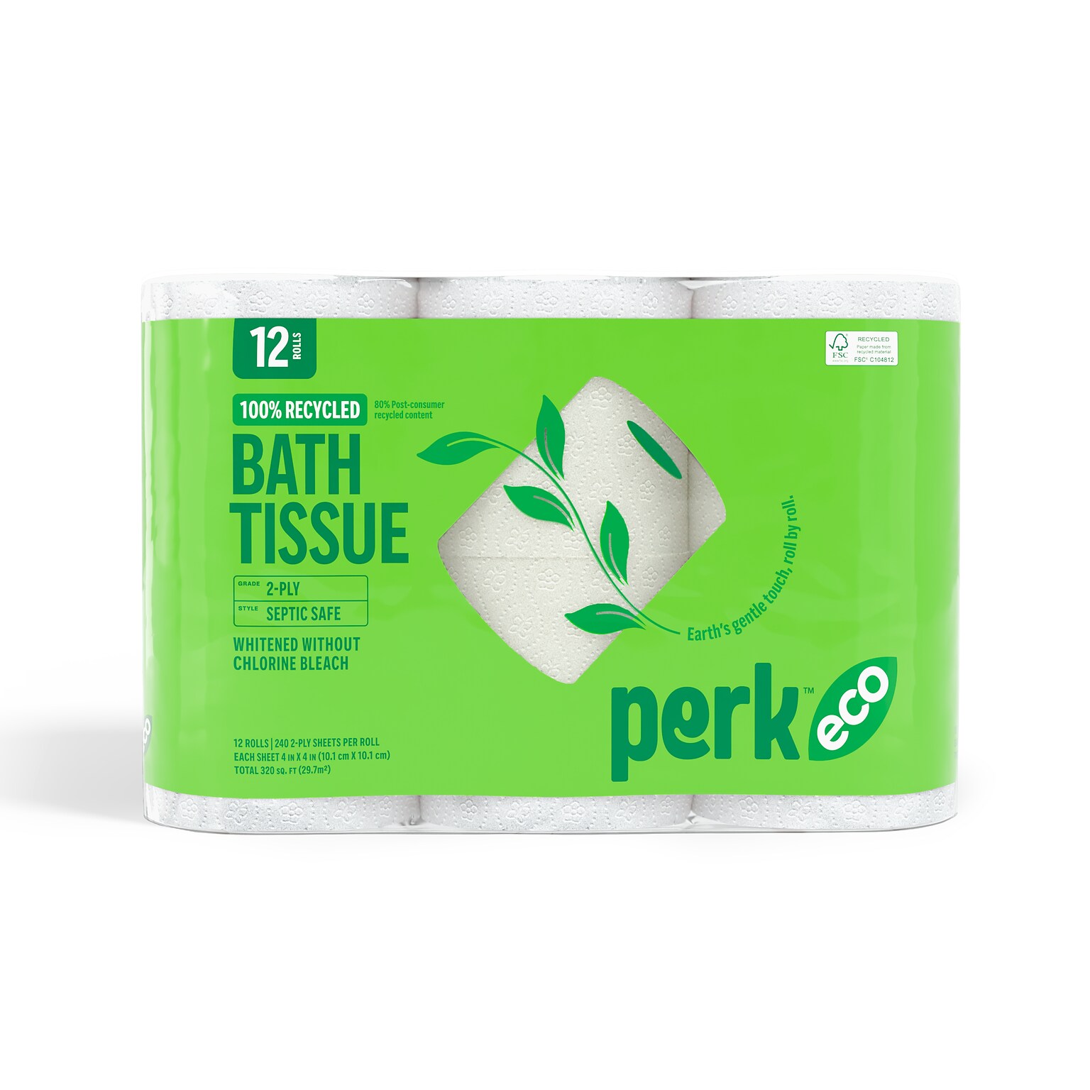 Perk™ Eco Recycled Toilet Paper, 2-ply, White, 240 Sheets/Roll, 12 Rolls/Case (PK63226)