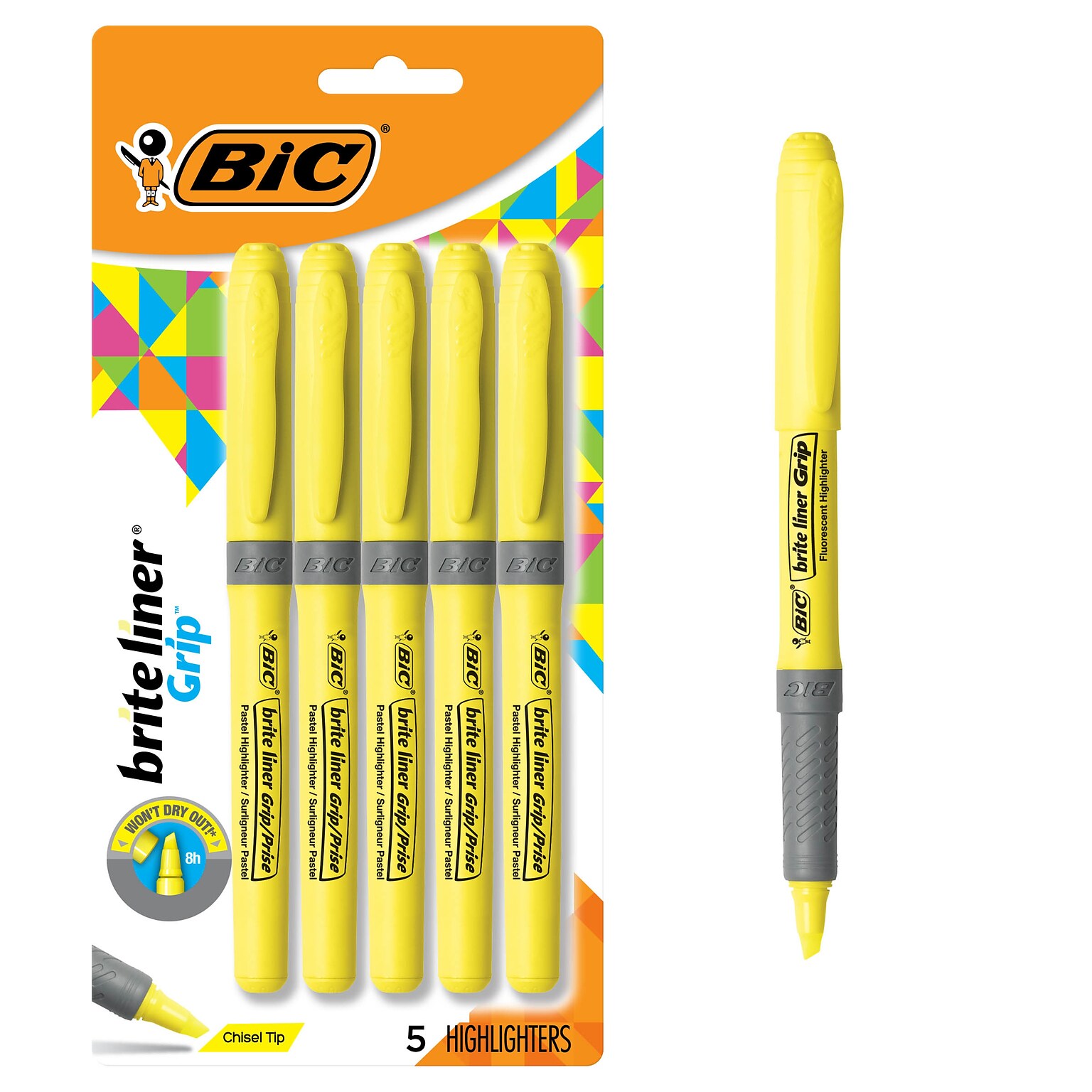 BIC Brite Liner Highlighter with Grip, Chisel Tip, Yellow, 5/Pack (31289)