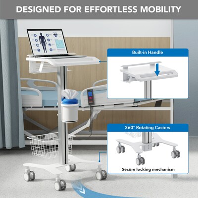 Mount-It! MedHub Mobile Medical Cart with Laptop Bar, Storage Accessories, and Locking Caster Wheels, White/Grey (MI-16029)