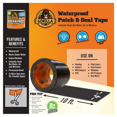 Gorilla Waterproof Patch & Seal Tape, 4" x 10 ft., Black (4512502)