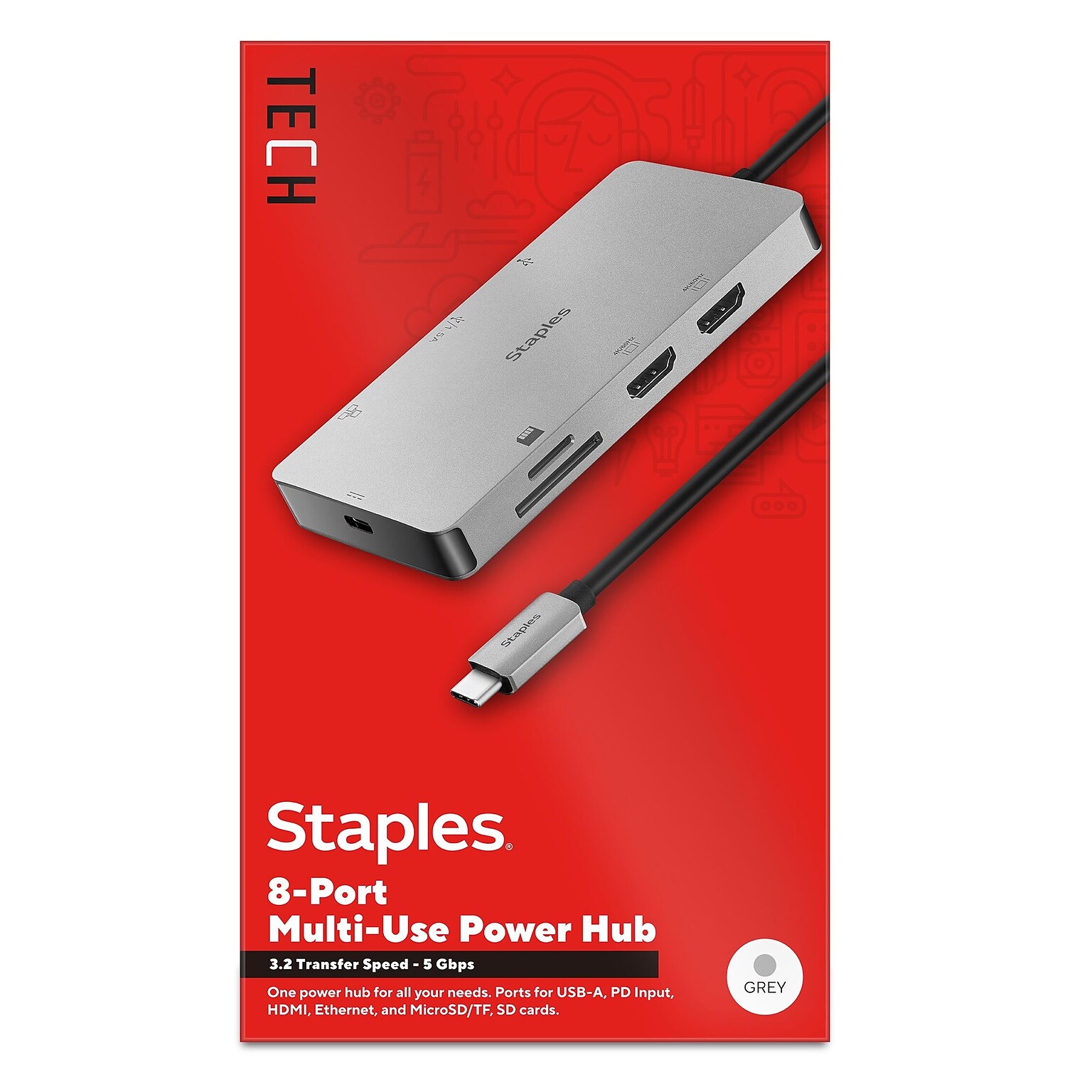 Staples TECH 8-Port Hub, Gray (ST62383)