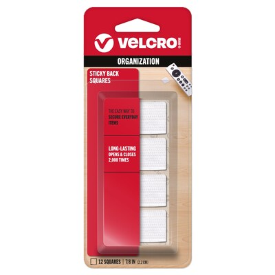 Velcro Sticky Back Adhesive Back Hook and Loop Squares Fastener, 0.88, White, 12/Pack (90073)