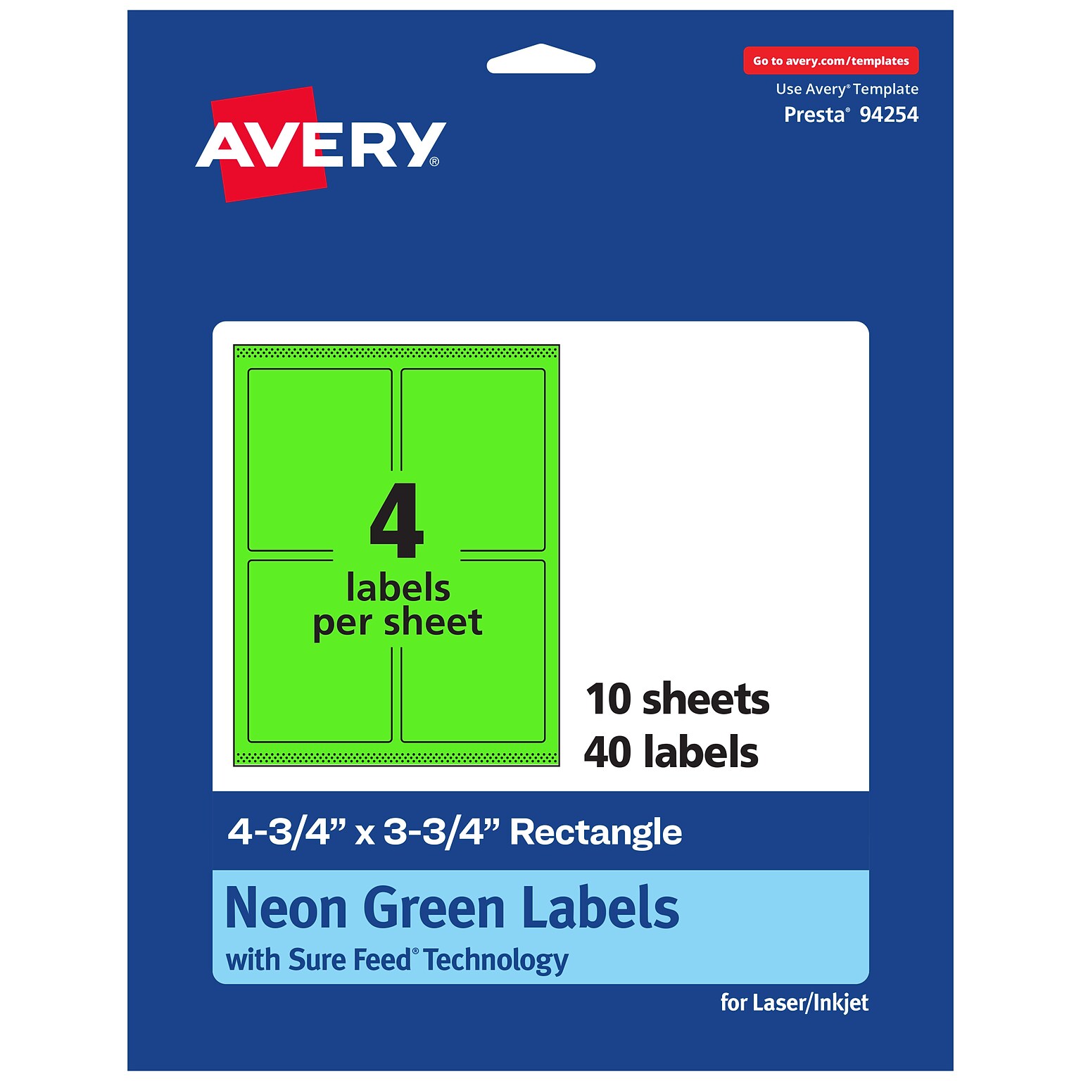 Avery Laser/Inkjet Multipurpose Rectangle Labels, 4.75 x 3.75, Neon Green, 40/Pack (94254)