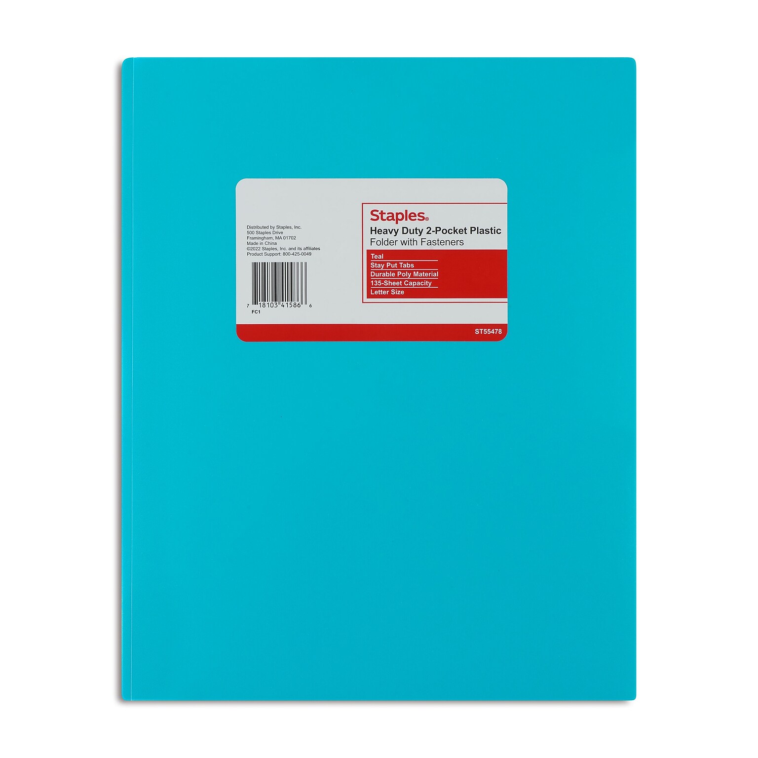 Staples® 2-Pocket Portfolio with Fastener, Teal (55478)