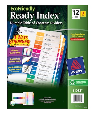 Avery Ready Index Table of Contents EcoFriendly Paper Dividers, 1-12 Tabs, Multicolor, 3 Sets/Pack (