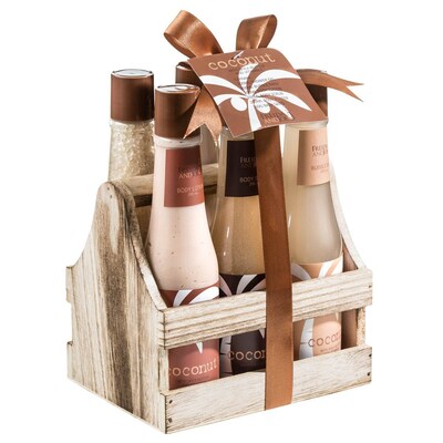 Freida and Joe Tropical Coconut Bath & Body Gift Set in a Wooden Caddie (FJ-75)