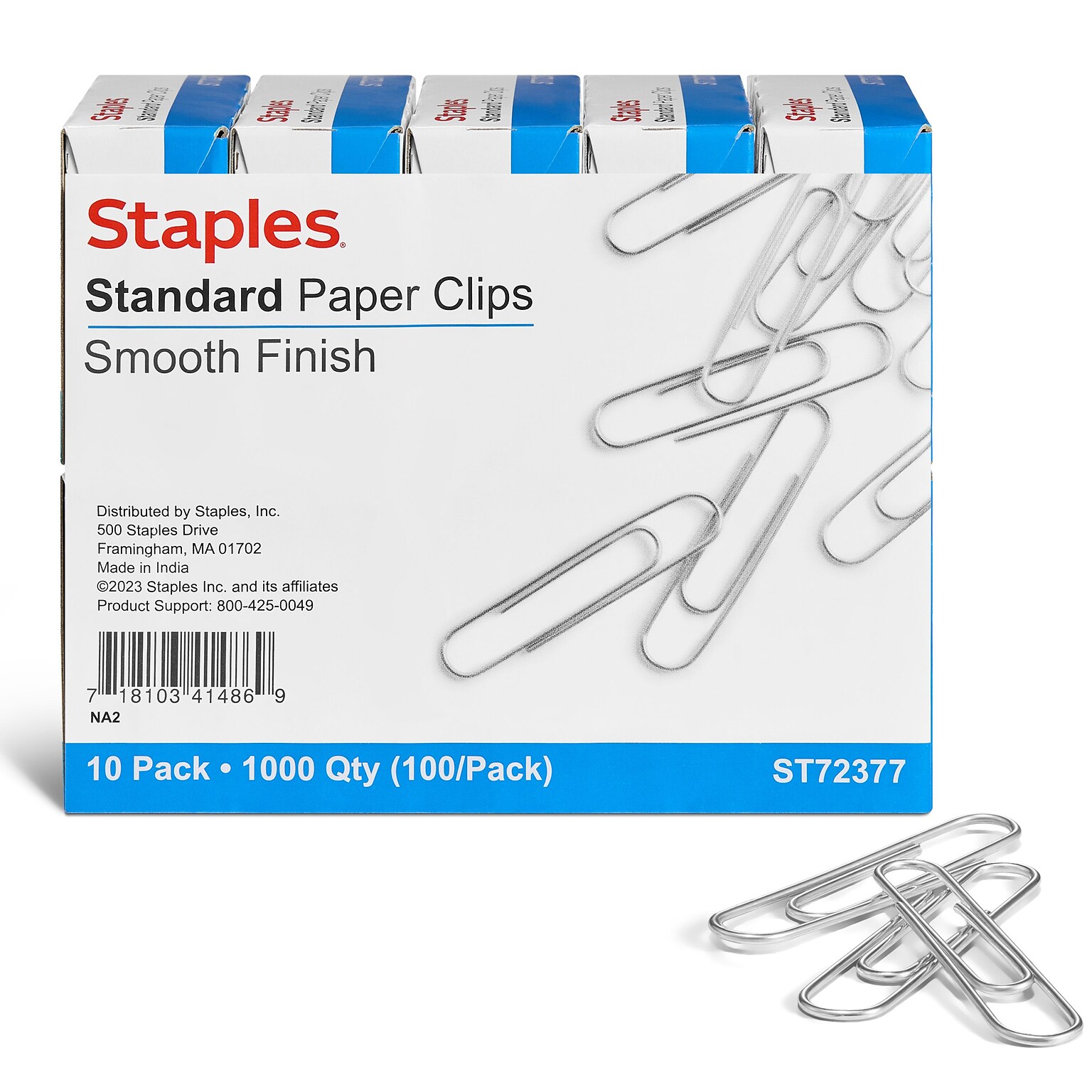 Staples® #1 Size Smooth Paper Clips, Silver, 100/Box, 10 Boxes/Pack (A7026607/72377)
