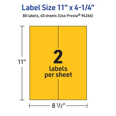 Avery Laser/Inkjet Rectangle Multipurpose Labels, 11" x 4.25", Bright Yellow, 80/Pack (94266)