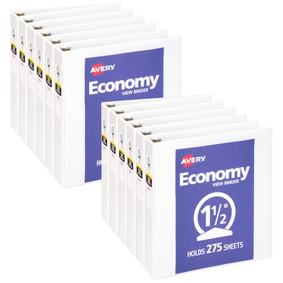 Avery Economy 1 1/2 3-Ring View Binders, Round Ring, White, 12/Pack (05726)