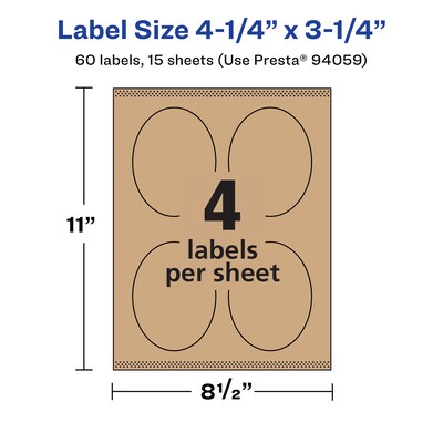 Avery Laser/Inkjet Oval Multipurpose Labels, 4.25" x 3.25", Kraft Brown, 60 Labels/Pack ( 94059)