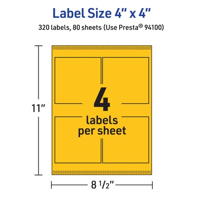 Avery Laser/Inkjet Square Multipurpose Labels, 4" x 4", Bright Yellow, 320/Box (94100)
