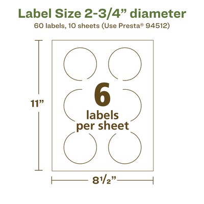 Avery EcoFriendly Laser/Inkjet Circle Multipurpose Labels, 2-3/4" Dia., White, 60/Pack (94512)