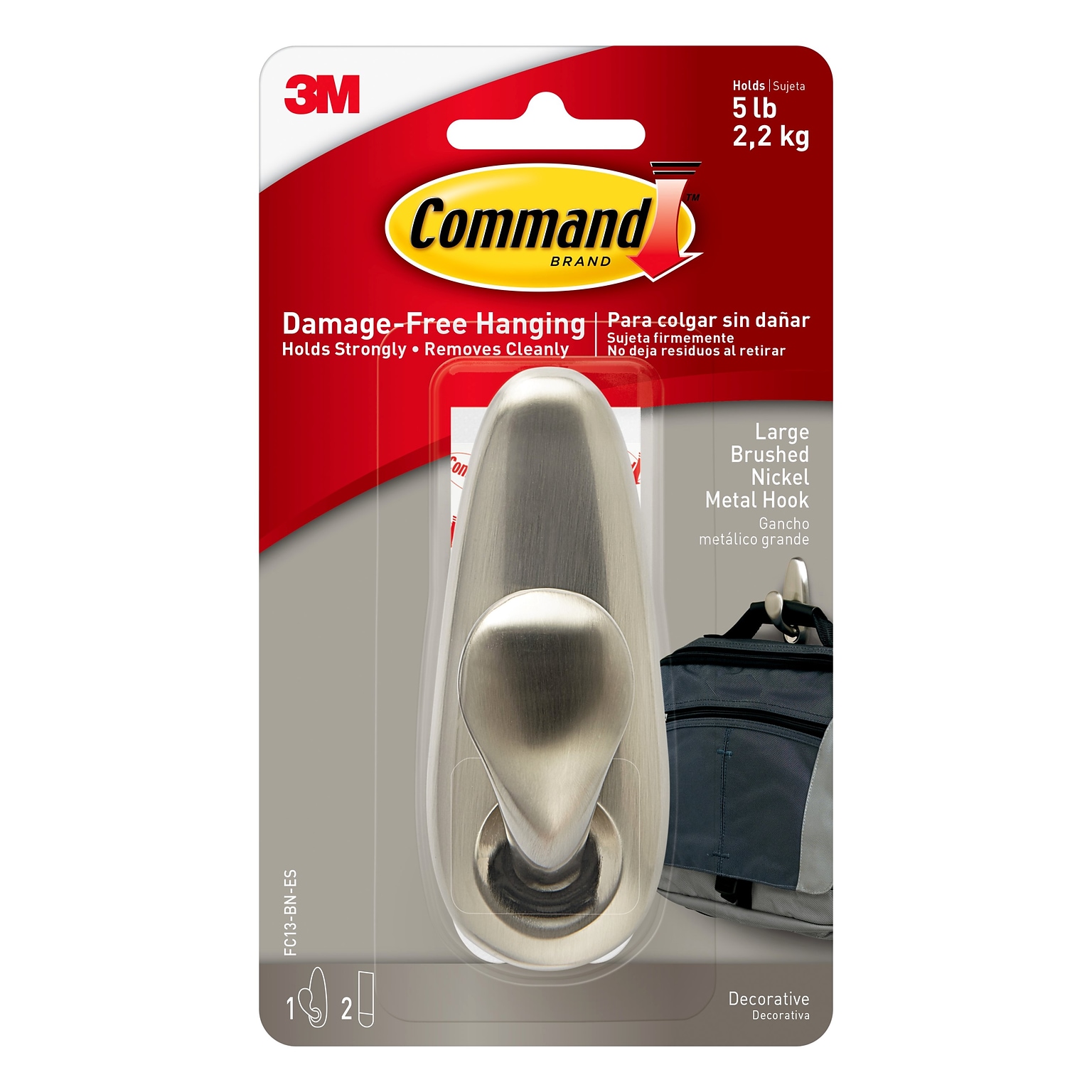 Command Large Metal Hook, 5 lb., Brushed Nickel (FC13-BN-ES)