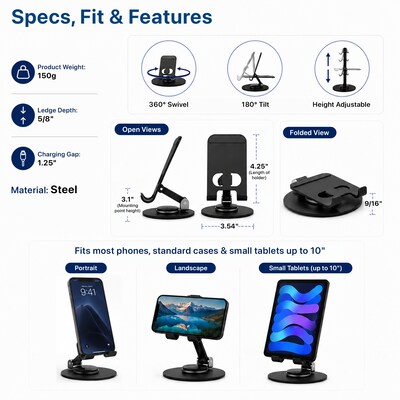 Uncaged Ergonomics Swivel Cell Phone Stand with 360° Rotation and Adjustable Tilt, Foldable Metal Design, Black (SPS-Black)
