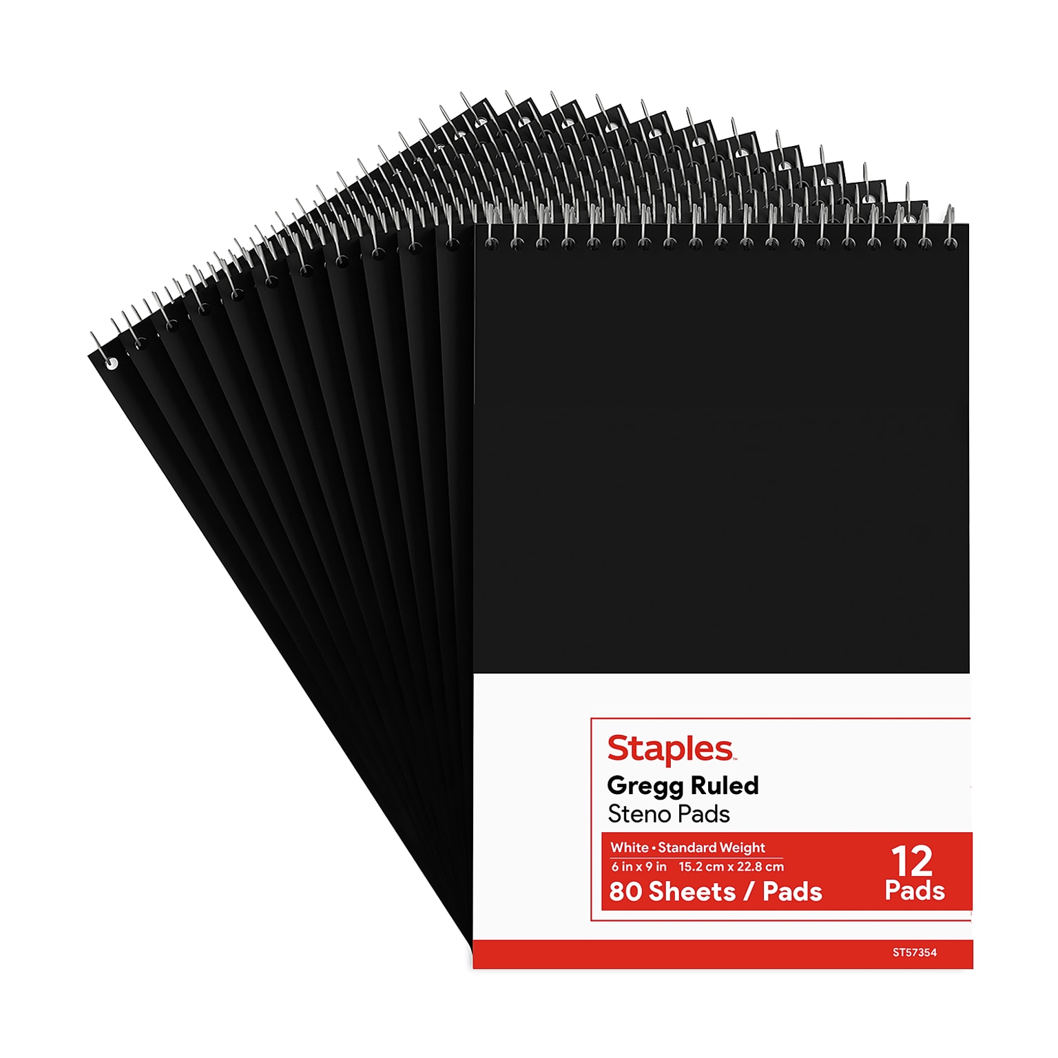 Staples Steno Pad, 6 x 9, Gregg Ruled, White, 80 Sheets/Pad, Dozen (ST57354/TR57354)