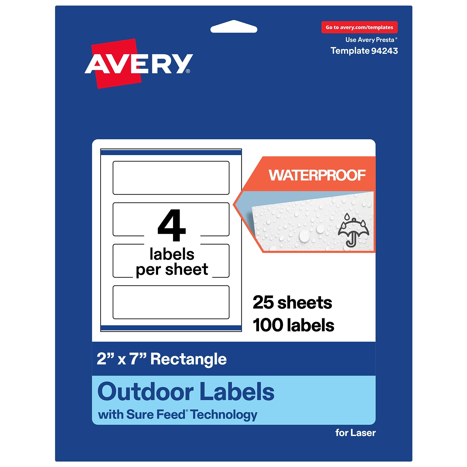 Avery Waterproof Rectangle Laser Multipurpose Labels, 2 x 7, White, 100/Pack (19479399313)