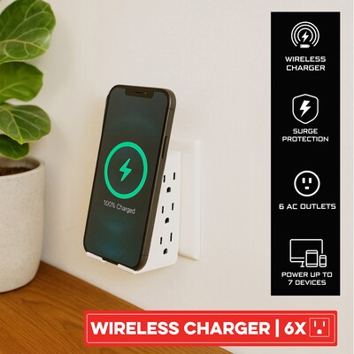 RAYOVAC 6-Outlet Surge Protector Wall Tap with Wireless Charging Phone Holder, 540 Joules, White (SS-Q615)