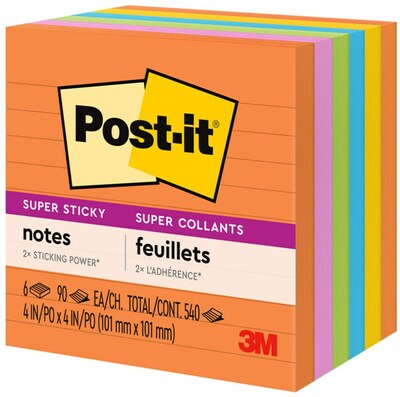 Post-it Super Sticky Notes, 4" x 4", Energy Boost Collection, Lined, 90 Sheets/Pad, 6 Pads/Pack (675-6SSUC)