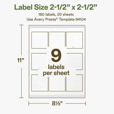 Avery Hemp Square Laser/Inkjet Multipurpose Labels, 2-1/2" x 2-1/2", Off-White (180/Pack)