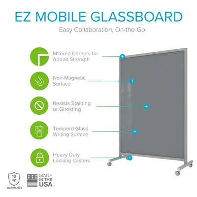 Ghent EZ Glass Mobile Dry-Erase Whiteboard, Aluminum Frame, 75H x 62W, Smoke (EZ1NA7562SK)