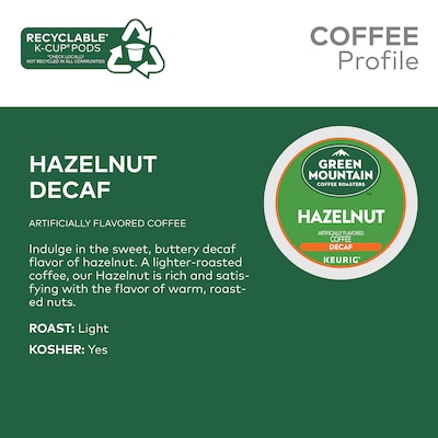 Green Mountain Hazelnut Decaf Coffee Keurig® K-Cup® Pods, Light Roast, 96/Carton (77923)