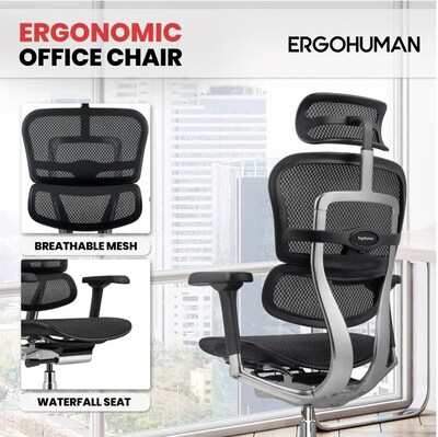 Eurotech Ergohuman Gen2 High-Back Mesh Office Chair w/ Headrest, Black (ME7ERG-GEN2-BLK)