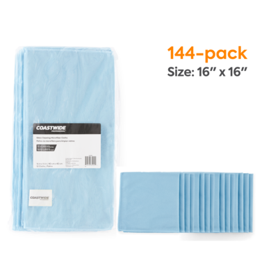 Coastwide Professional™ Microfiber Cloths, 16 x 16, Blue Suede, 144/Pack (CW52880CT)