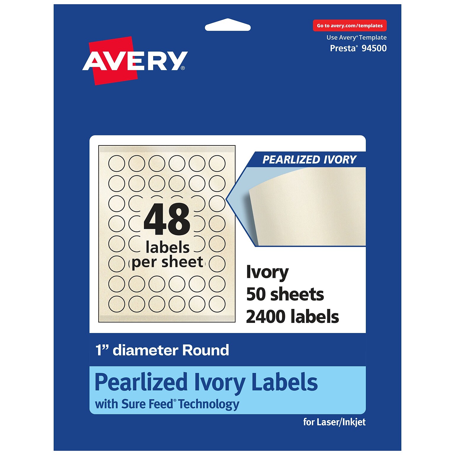 Avery Laser/Inkjet Round Multipurpose Labels, 1 Dia., Ivory, 2,400 Labels/Box (94500)