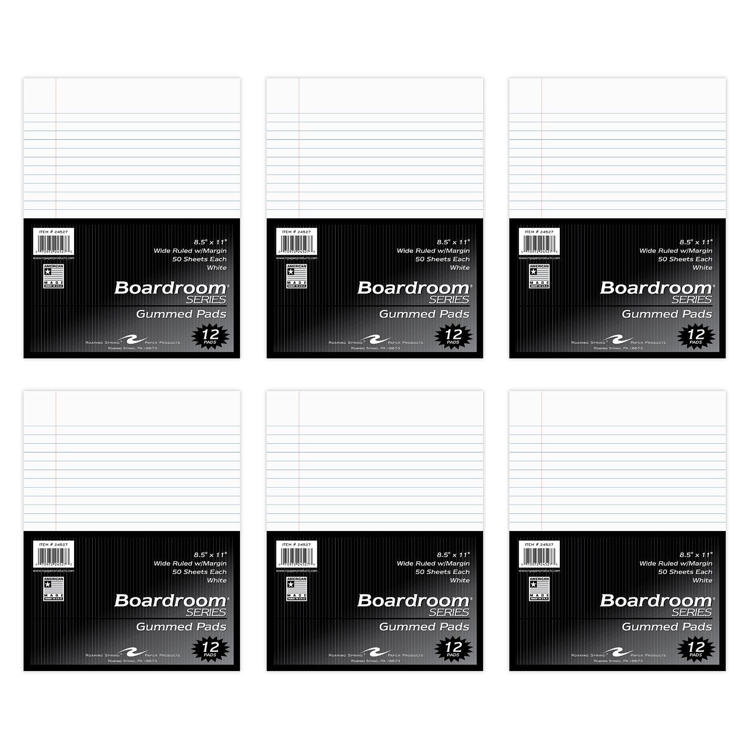 Roaring Spring Paper Products Boardroom Series Notepad, 8.5 x 11, Wide Ruled, White, 50 Sheets/Pad, 72 Pads/Carton (24527CS)