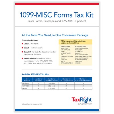 ComplyRight TaxRight 2024 1099-MISC Tax Form Tax Form Set with Envelopes, 4-Part, 25/Pack (SC6103E25