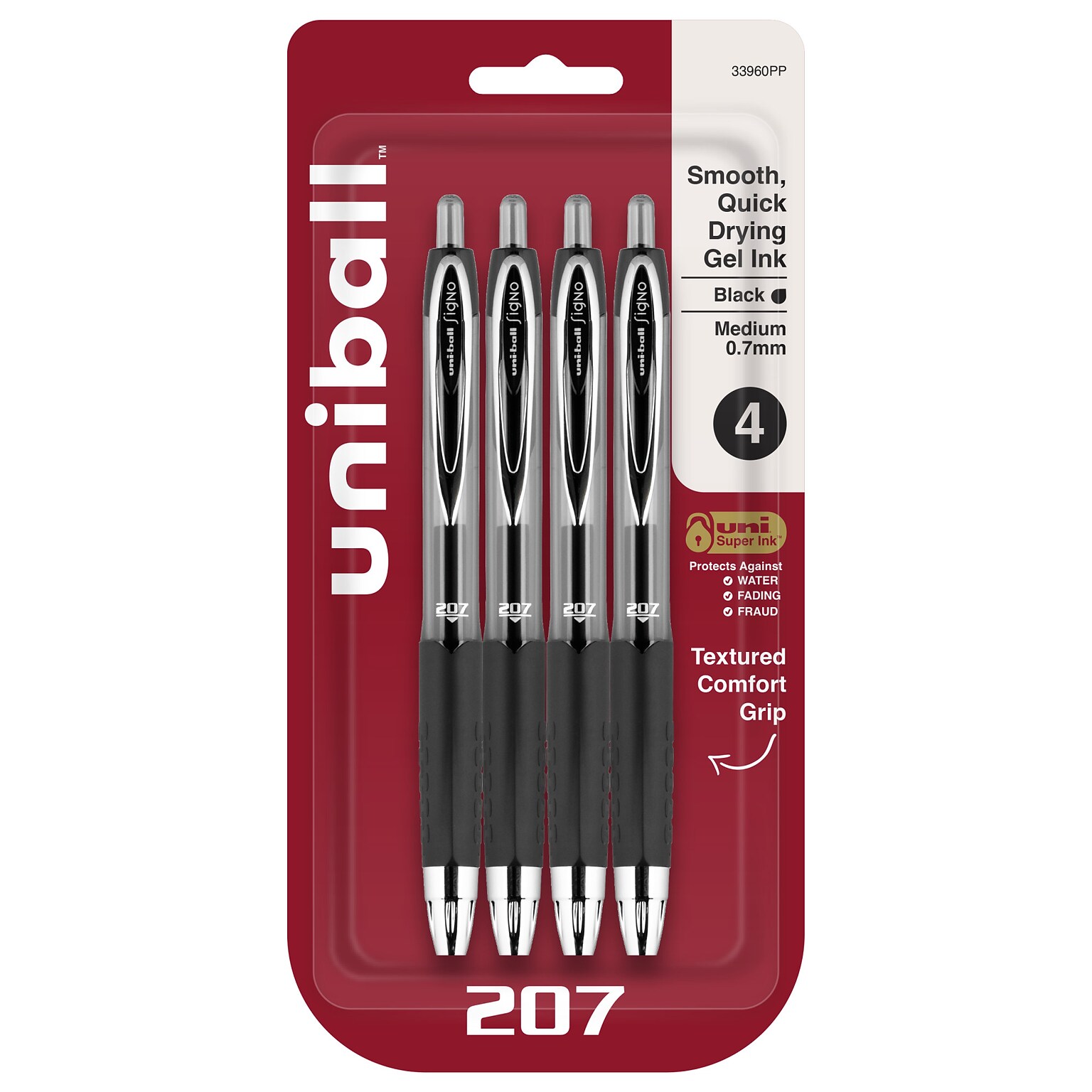 uni-ball 207 Signo RT Retractable Gel Pens, Medium Point, 0.7mm, Black Ink, 4/Pack (33960)