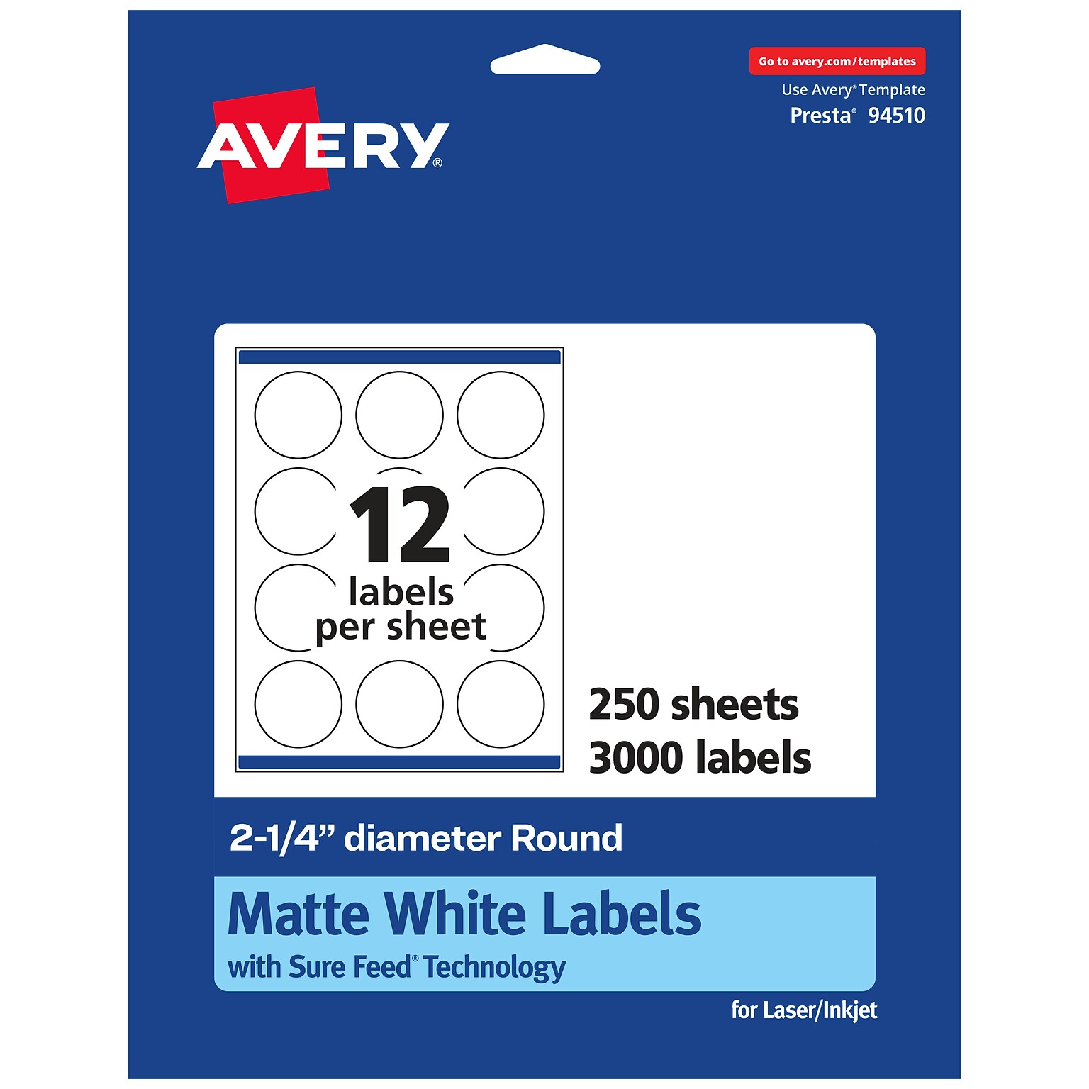 Avery Laser/Inkjet Round Multipurpose Labels, 2.25 Dia., White, 3000 Labels/Box (94510)