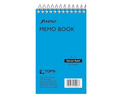 Ampad Memo Pads, 3 x 5, Narrow Ruled, 50 Sheets, Assorted Colors, Each (25-093)